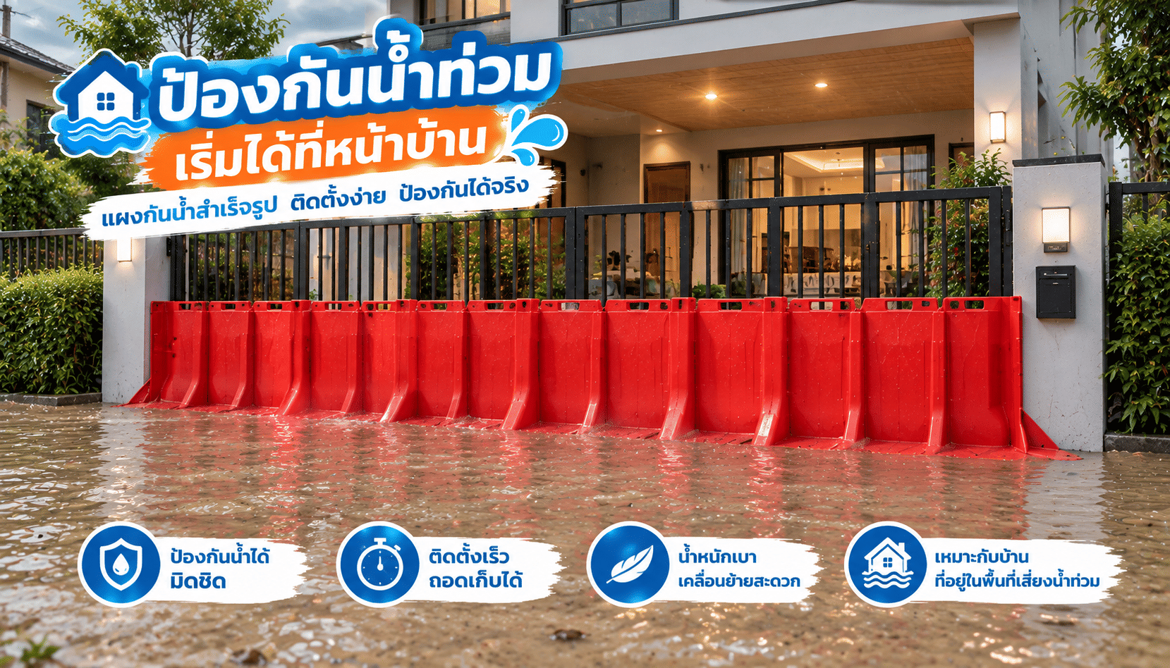 กั้นน้ำท่วมด้วยแผงกันน้ำ